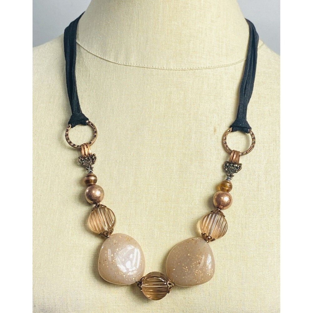 VTG Brown Amber Beads Necklace Beads Ball Beaded Boho Faux Leather Statement 27”